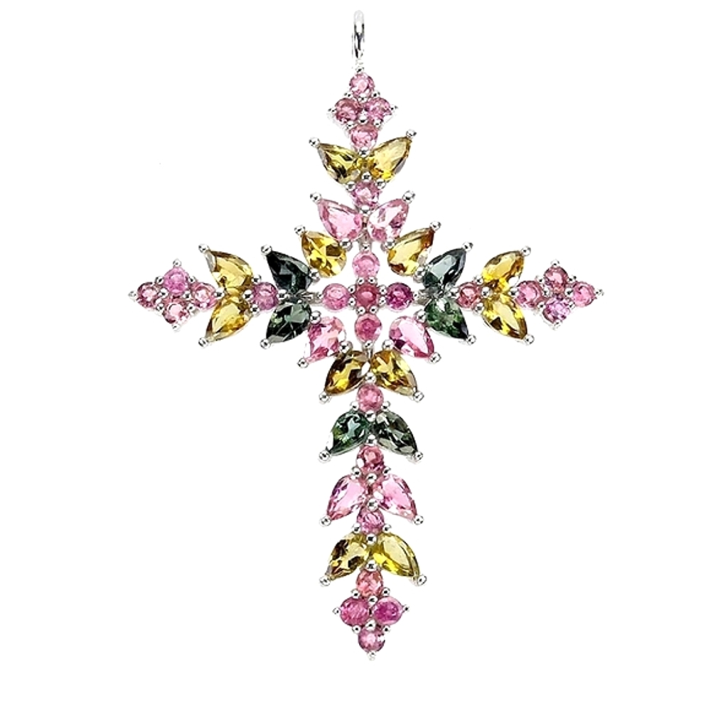 Large 925 Sterling Silver Cross Pendant 3.5x5cm with Natural Tourmaline/ Garnet.